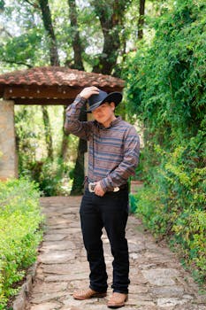 A stylish cowboy tips his hat while posing in a lush garden setting.