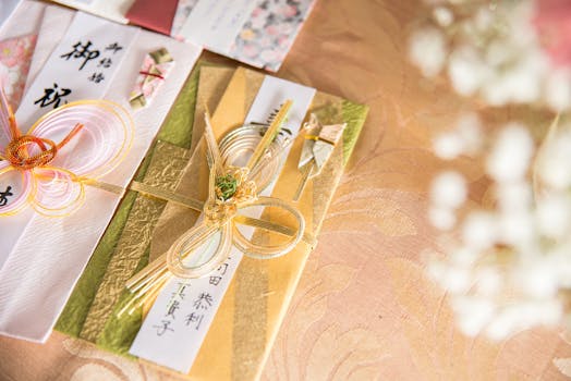 Beautifully decorated Japanese gift envelopes with intricate bows and traditional designs, perfect for celebrations.
